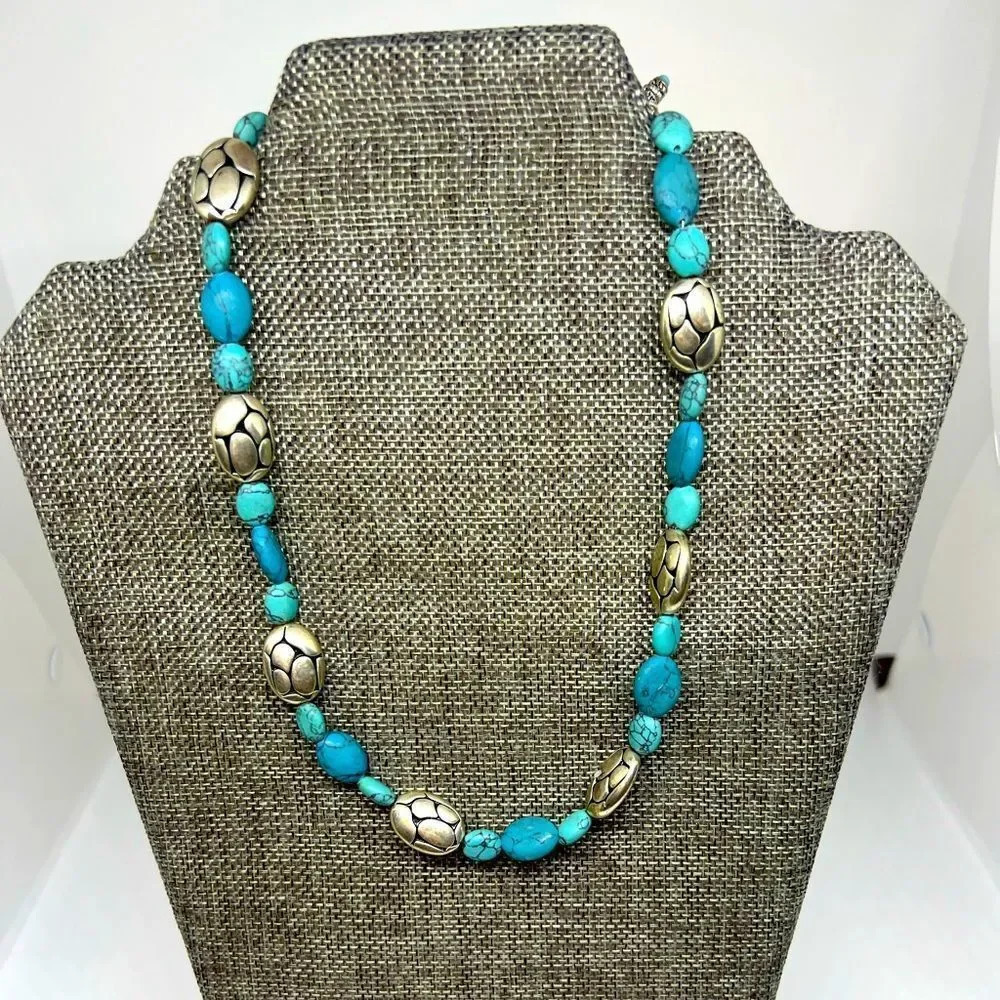 Faux Turquoise Blue Stones and Metal Beaded Necklace